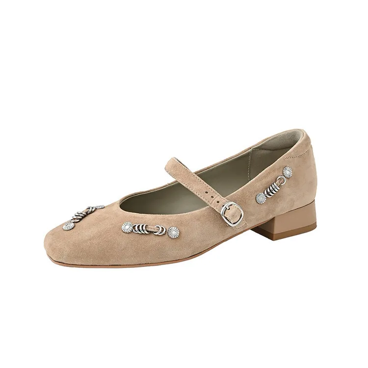 Spring single shoes, square toe, buckle, chunky heel, low heel, sheepskin women's shoes, 3-14q