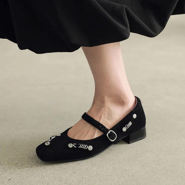 Spring single shoes, square toe, buckle, chunky heel, low heel, sheepskin women's shoes, 3-14q