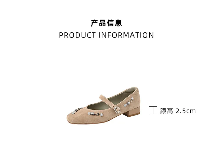 Spring single shoes, square toe, buckle, chunky heel, low heel, sheepskin women's shoes, 3-14q
