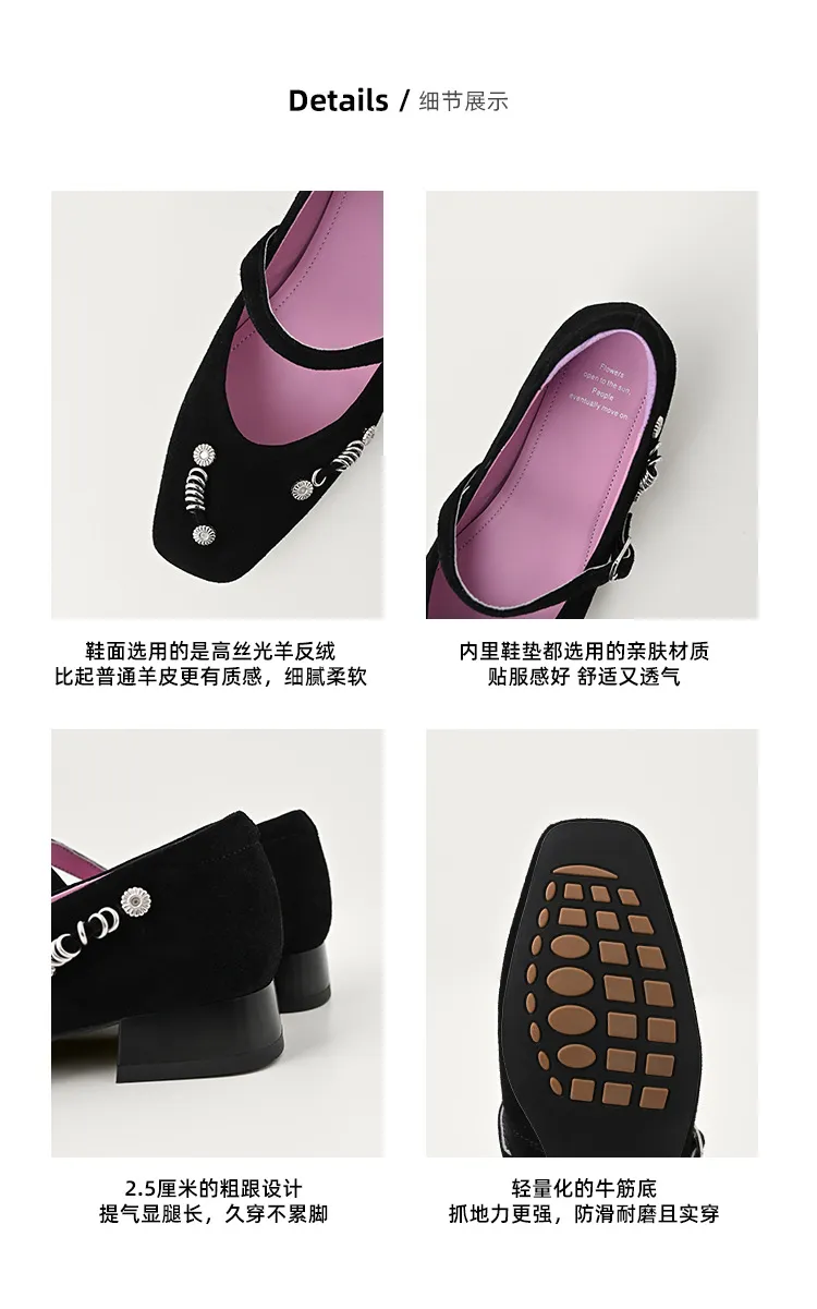 Spring single shoes, square toe, buckle, chunky heel, low heel, sheepskin women's shoes, 3-14q