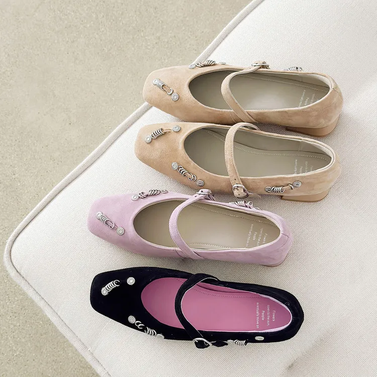 Spring single shoes, square toe, buckle, chunky heel, low heel, sheepskin women's shoes, 3-14q