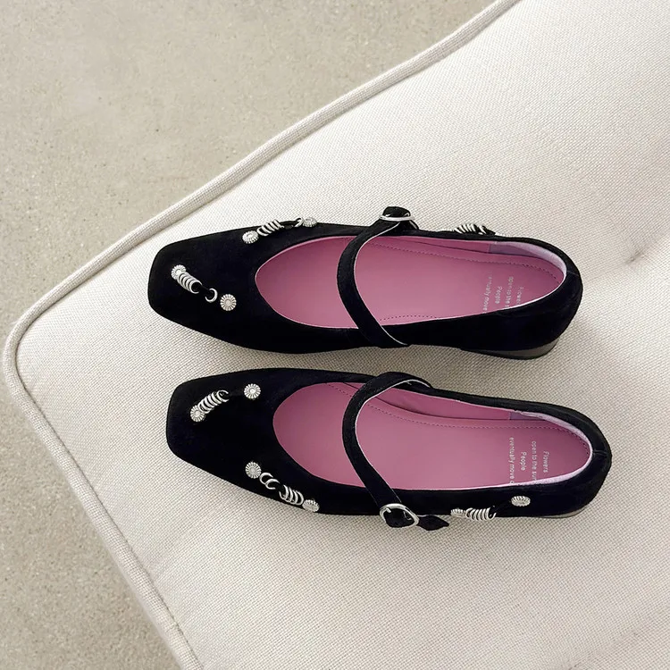 Spring single shoes, square toe, buckle, chunky heel, low heel, sheepskin women's shoes, 3-14q