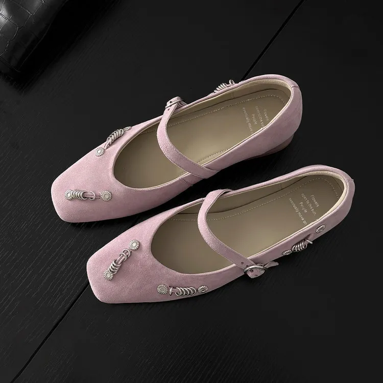 Spring single shoes, square toe, buckle, chunky heel, low heel, sheepskin women's shoes, 3-14q
