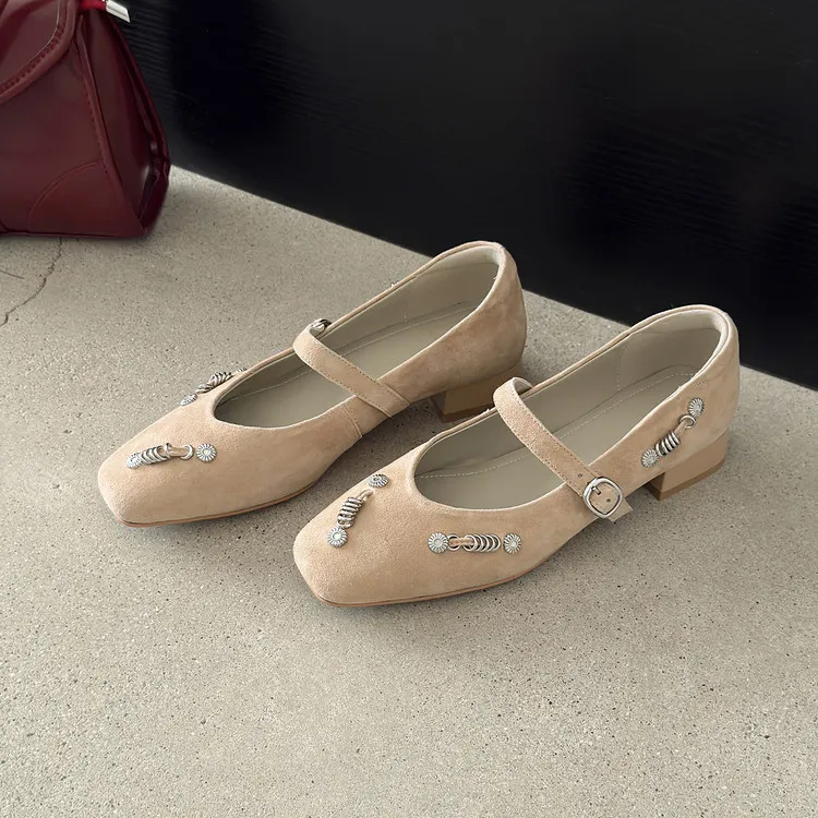 Spring single shoes, square toe, buckle, chunky heel, low heel, sheepskin women's shoes, 3-14q