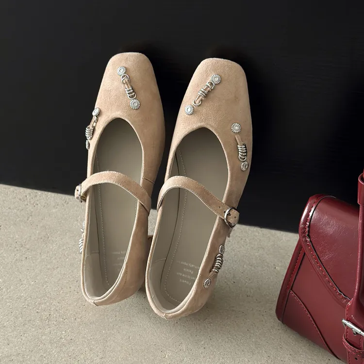 Spring single shoes, square toe, buckle, chunky heel, low heel, sheepskin women's shoes, 3-14q