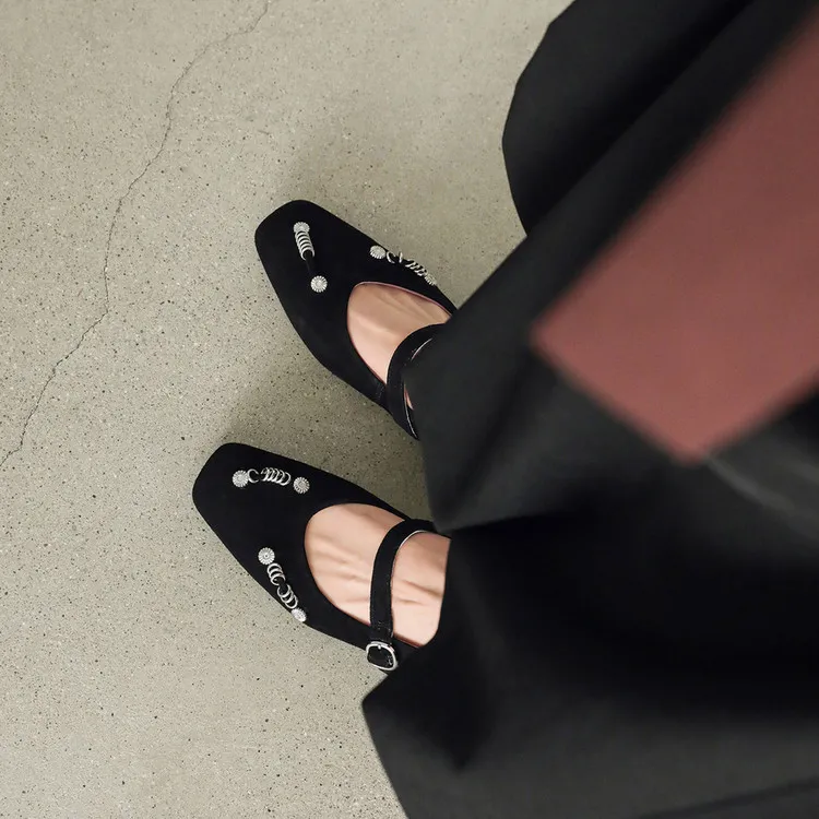 Spring single shoes, square toe, buckle, chunky heel, low heel, sheepskin women's shoes, 3-14q