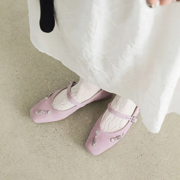 Spring single shoes, square toe, buckle, chunky heel, low heel, sheepskin women's shoes, 3-14q