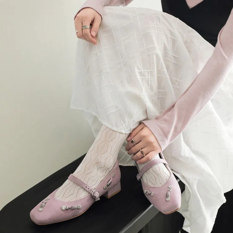 Spring single shoes, square toe, buckle, chunky heel, low heel, sheepskin women's shoes, 3-14q