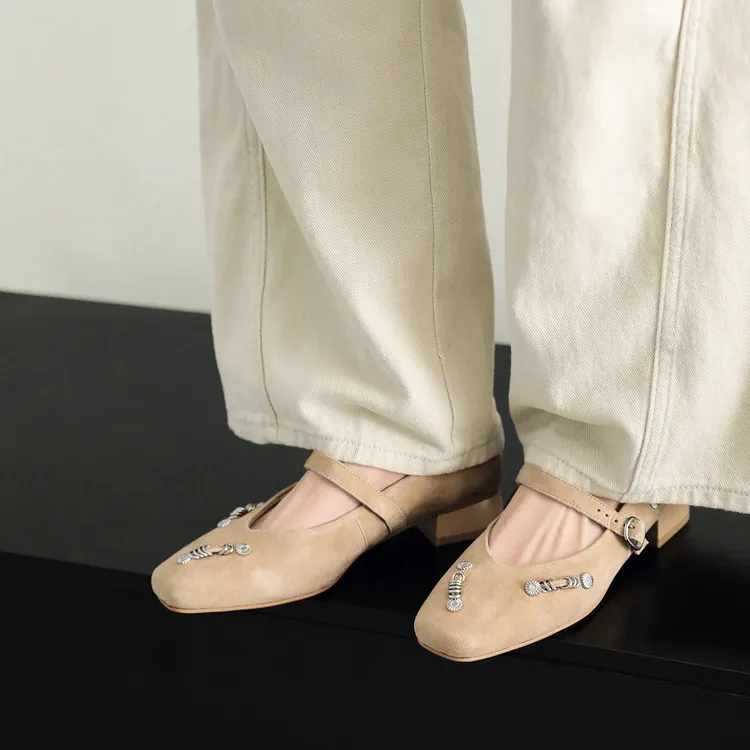 Spring single shoes, square toe, buckle, chunky heel, low heel, sheepskin women's shoes, 3-14q