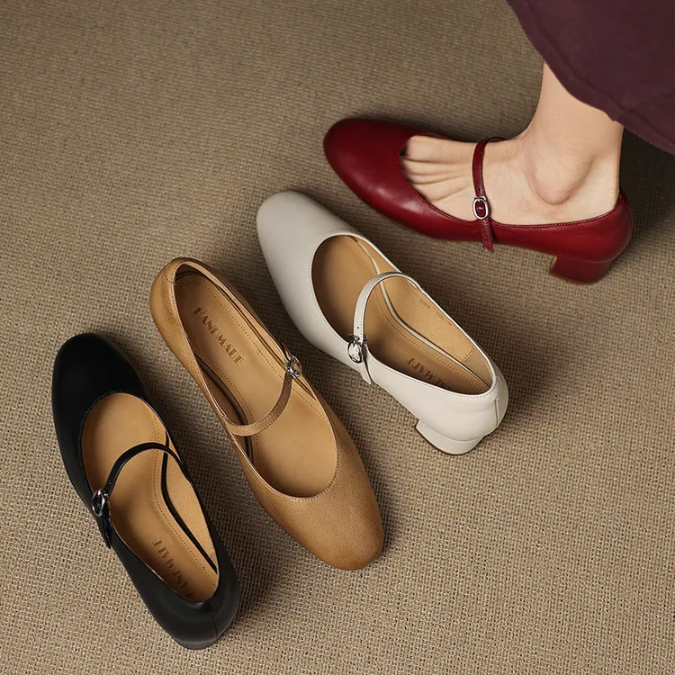 Spring single shoes, round toe, buckle, chunky heel, high heel, cowhide fashion women's shoes, 3-14u