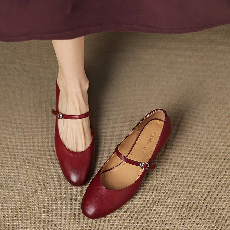 Spring single shoes, round toe, buckle, chunky heel, high heel, cowhide fashion women's shoes, 3-14u