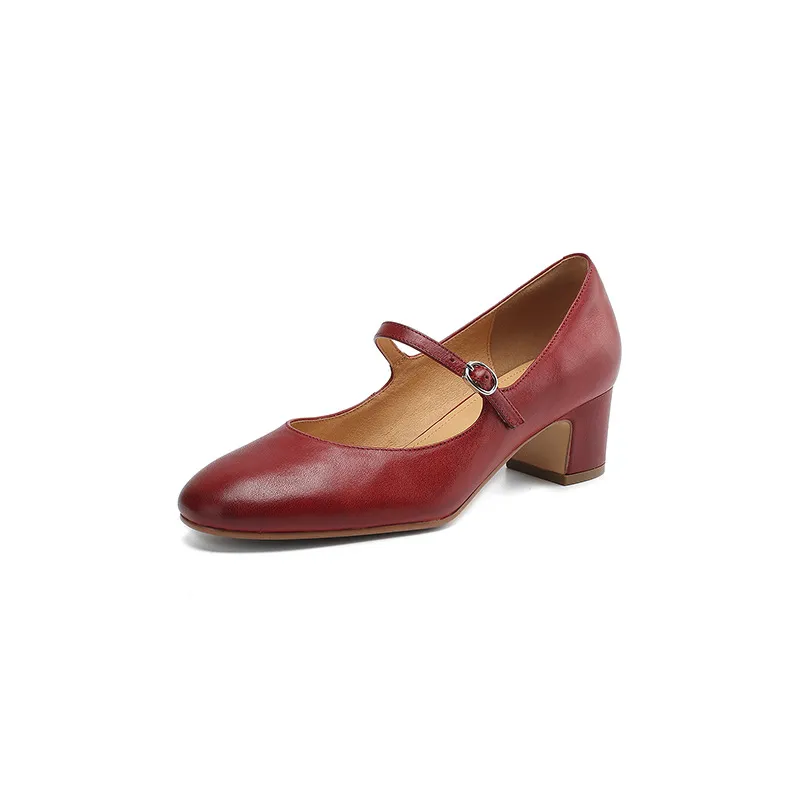 Spring single shoes, round toe, buckle, chunky heel, high heel, cowhide fashion women's shoes, 3-14u