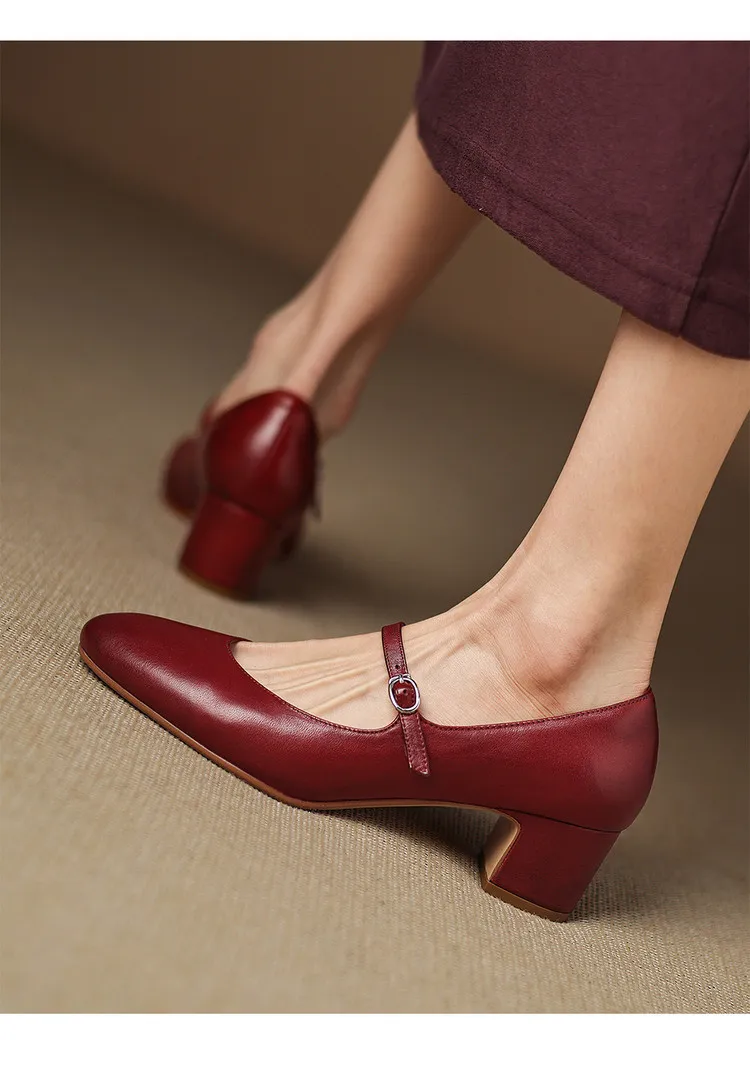 Spring single shoes, round toe, buckle, chunky heel, high heel, cowhide fashion women's shoes, 3-14u