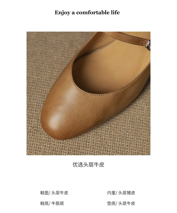 Spring single shoes, round toe, buckle, chunky heel, high heel, cowhide fashion women's shoes, 3-14u