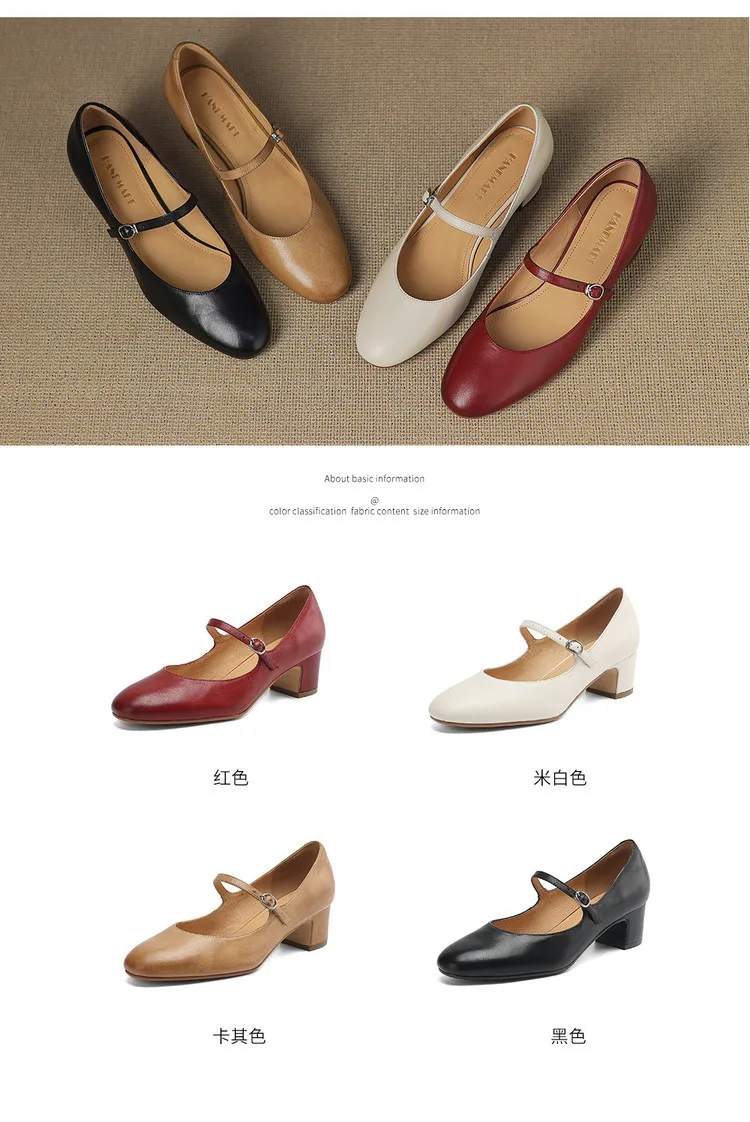 Spring single shoes, round toe, buckle, chunky heel, high heel, cowhide fashion women's shoes, 3-14u