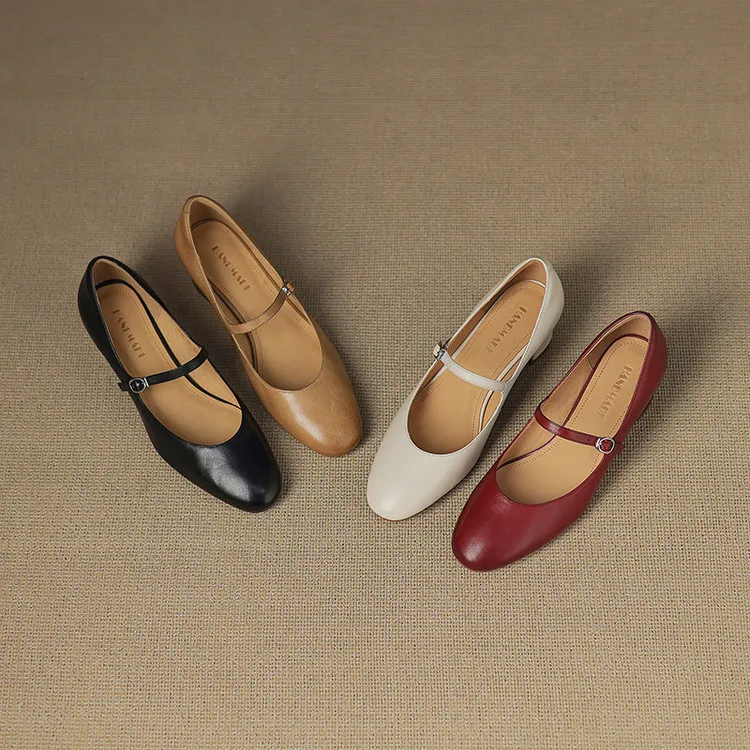 Spring single shoes, round toe, buckle, chunky heel, high heel, cowhide fashion women's shoes, 3-14u