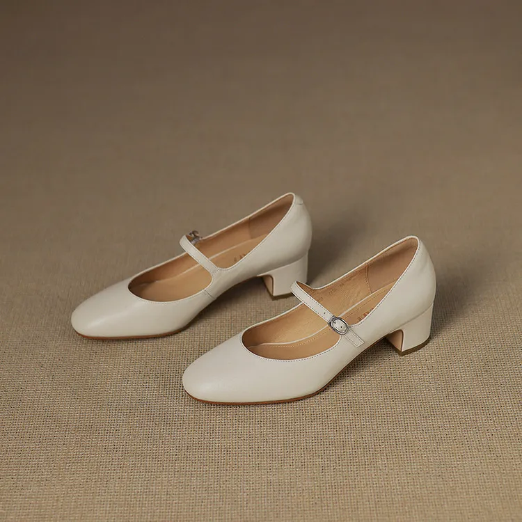 Spring single shoes, round toe, buckle, chunky heel, high heel, cowhide fashion women's shoes, 3-14u
