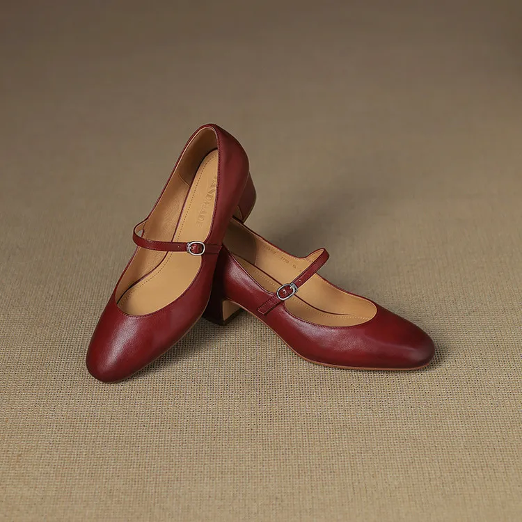 Spring single shoes, round toe, buckle, chunky heel, high heel, cowhide fashion women's shoes, 3-14u