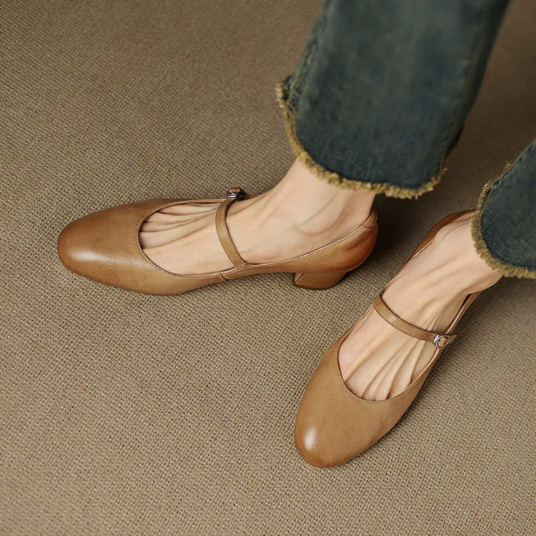 Spring single shoes, round toe, buckle, chunky heel, high heel, cowhide fashion women's shoes, 3-14u