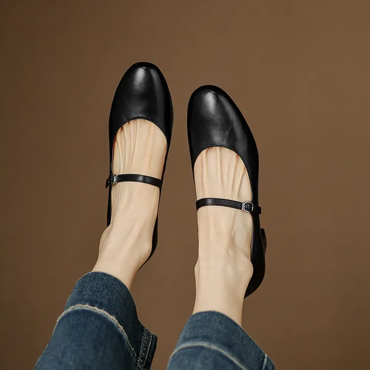 Spring single shoes, round toe, buckle, chunky heel, high heel, cowhide fashion women's shoes, 3-14u