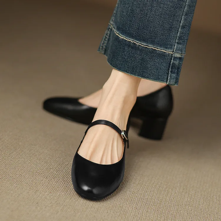 Spring single shoes, round toe, buckle, chunky heel, high heel, cowhide fashion women's shoes, 3-14u