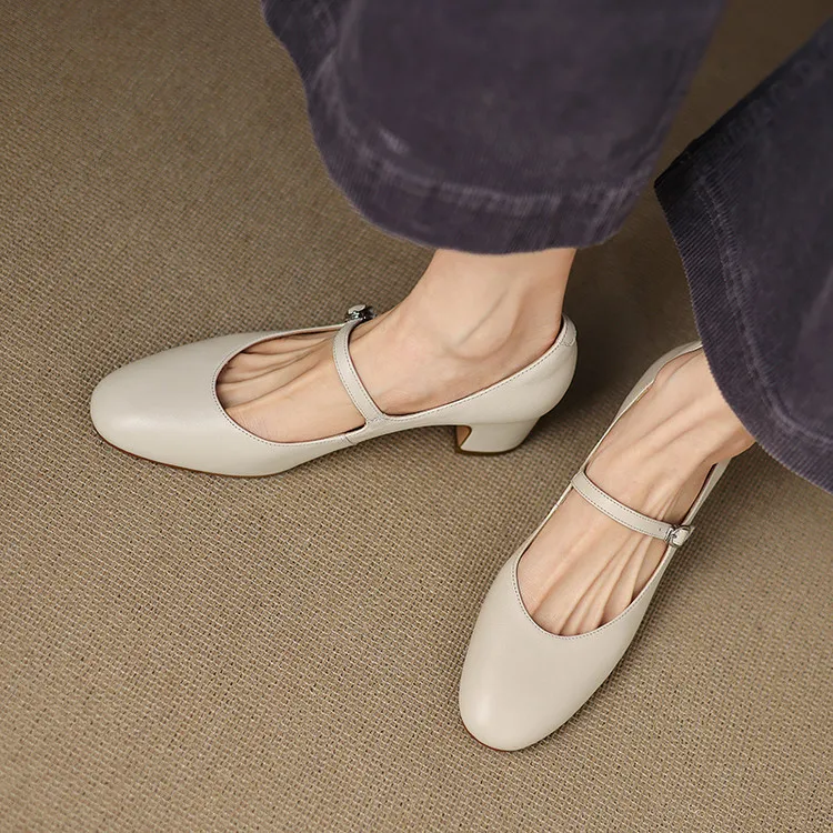 Spring single shoes, round toe, buckle, chunky heel, high heel, cowhide fashion women's shoes, 3-14u