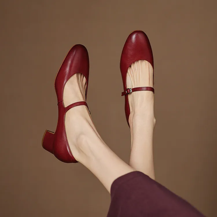 Spring single shoes, round toe, buckle, chunky heel, high heel, cowhide fashion women's shoes, 3-14u