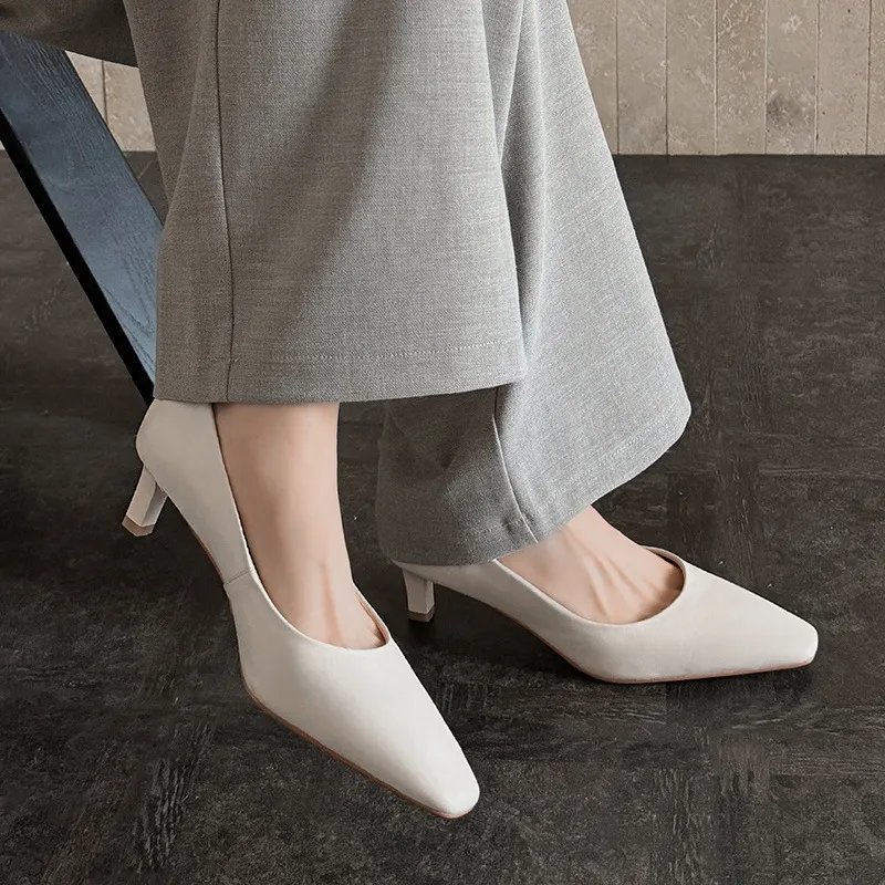 Spring square-toe low-cut single shoes, high-heeled cowhide leather, fashionable and elegant women's shoes, 3-17c