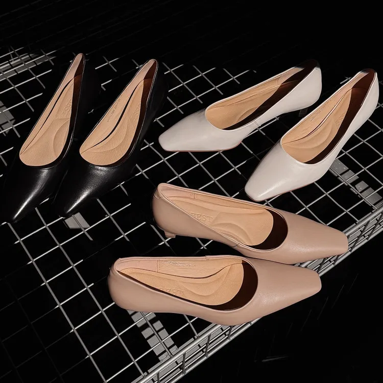 Spring square-toe low-cut single shoes, high-heeled cowhide leather, fashionable and elegant women's shoes, 3-17c