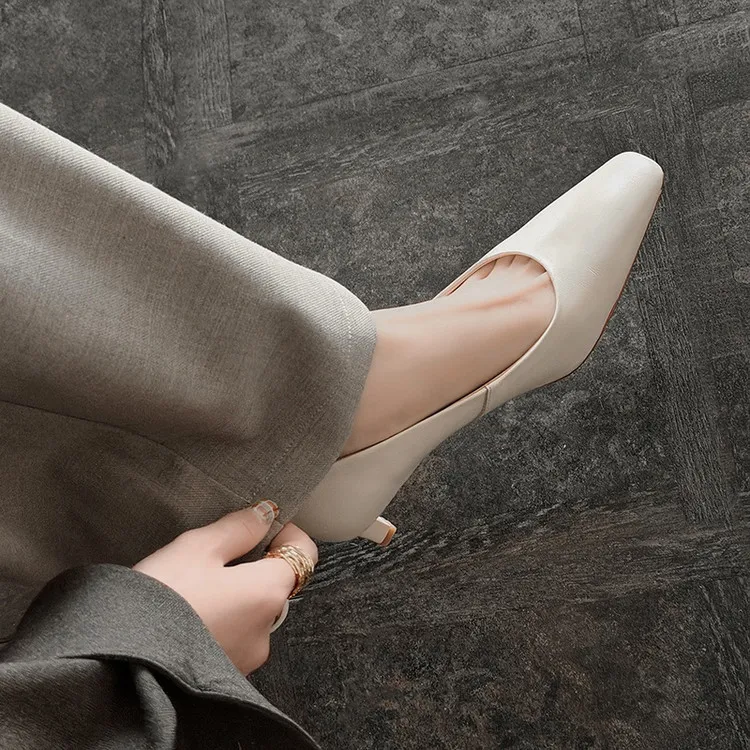 Spring square-toe low-cut single shoes, high-heeled cowhide leather, fashionable and elegant women's shoes, 3-17c