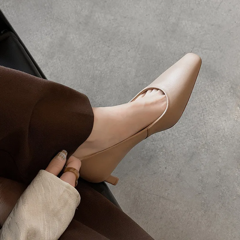 Spring square-toe low-cut single shoes, high-heeled cowhide leather, fashionable and elegant women's shoes, 3-17c
