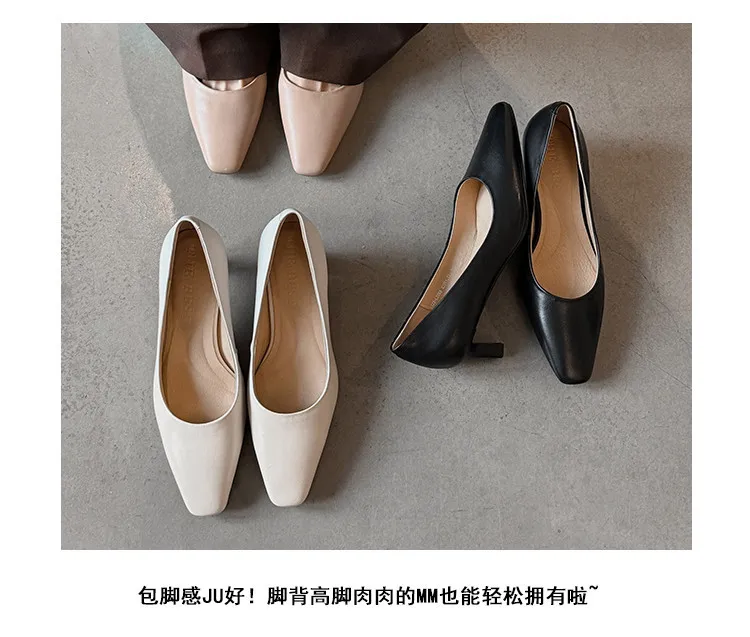 Spring square-toe low-cut single shoes, high-heeled cowhide leather, fashionable and elegant women's shoes, 3-17c