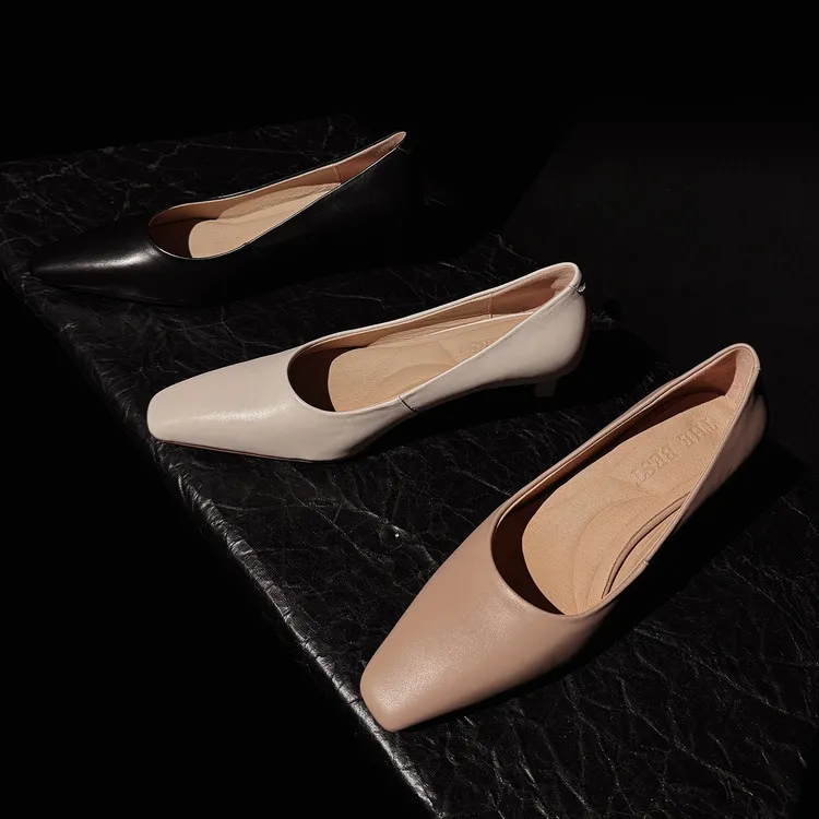 Spring square-toe low-cut single shoes, high-heeled cowhide leather, fashionable and elegant women's shoes, 3-17c