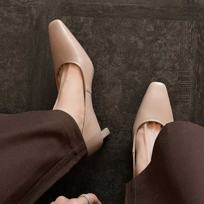 Spring square-toe low-cut single shoes, high-heeled cowhide leather, fashionable and elegant women's shoes, 3-17c