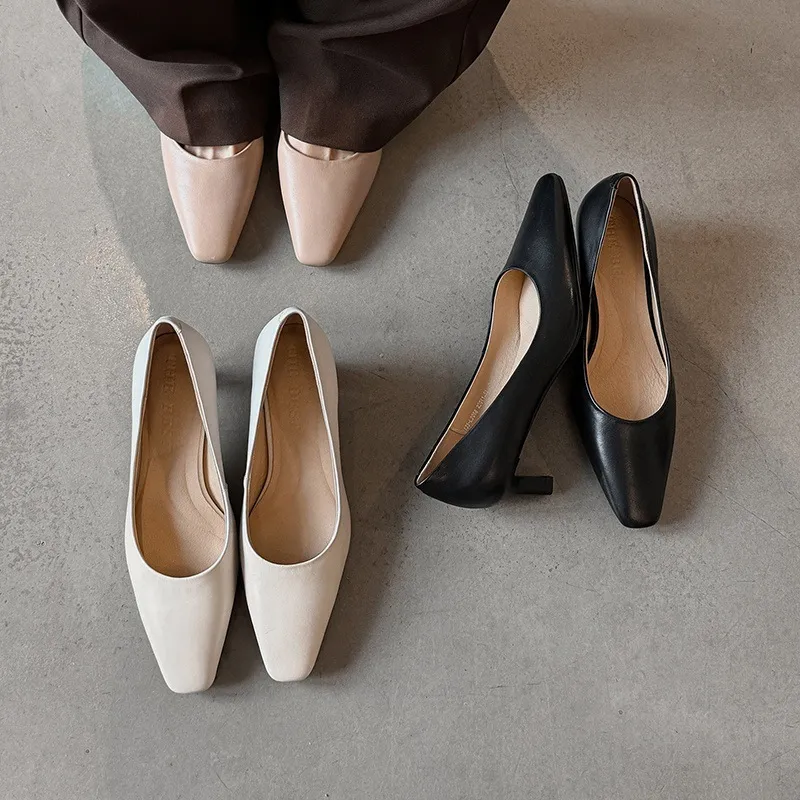 Spring square-toe low-cut single shoes, high-heeled cowhide leather, fashionable and elegant women's shoes, 3-17c