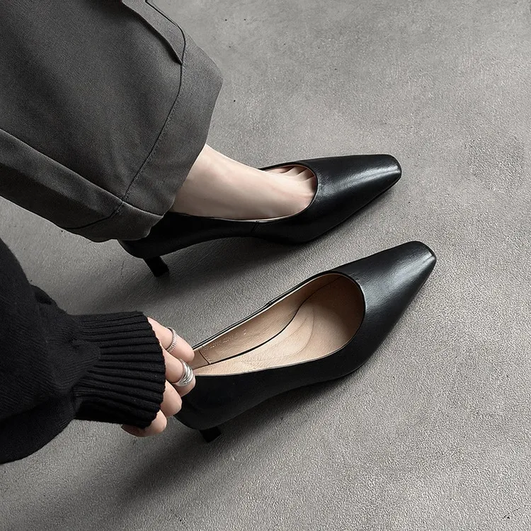 Spring square-toe low-cut single shoes, high-heeled cowhide leather, fashionable and elegant women's shoes, 3-17c