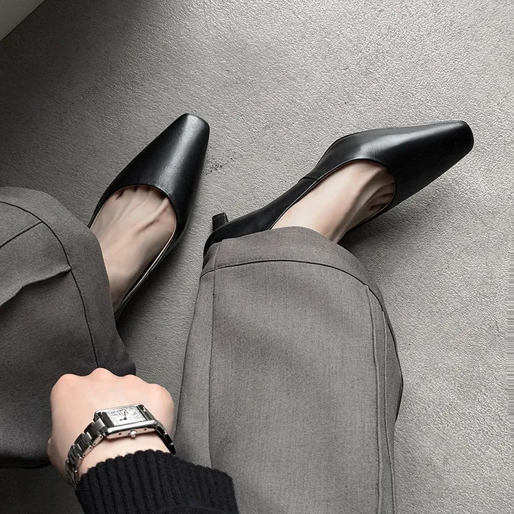 Spring square-toe low-cut single shoes, high-heeled cowhide leather, fashionable and elegant women's shoes, 3-17c