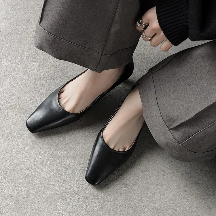 Spring square-toe low-cut single shoes, high-heeled cowhide leather, fashionable and elegant women's shoes, 3-17c