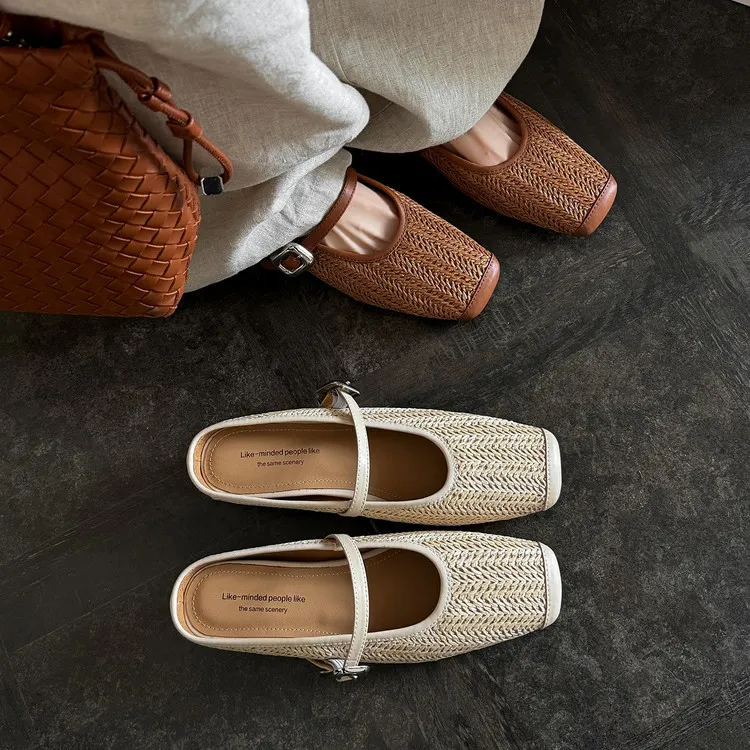 Summer slippers, square toe, closed toe, woven fashion women's shoes, off-white/brown, 3-19d