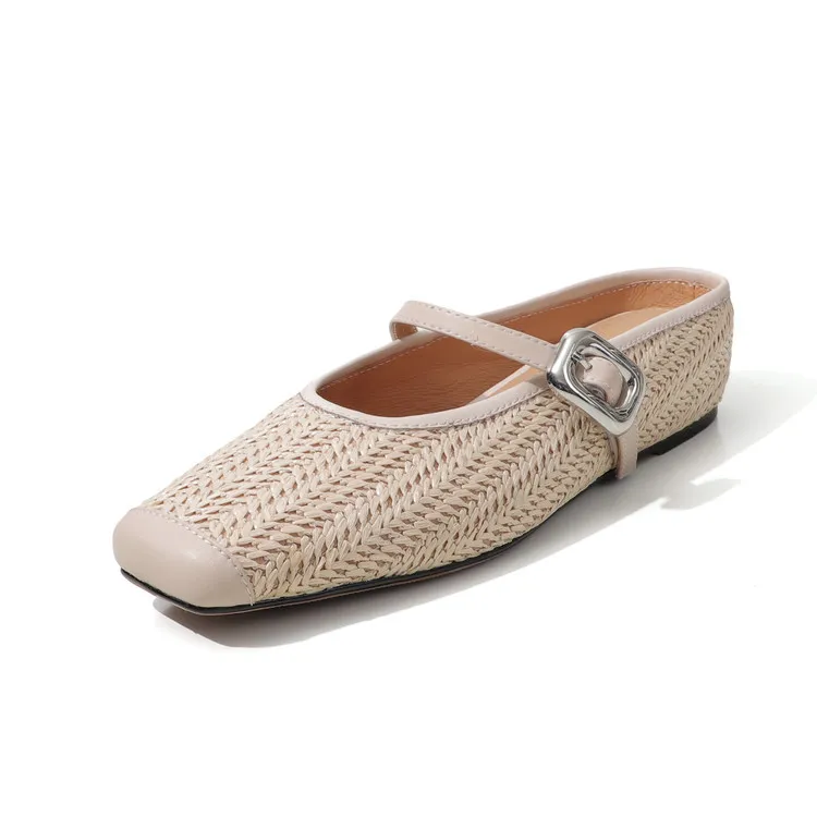 Summer slippers, square toe, closed toe, woven fashion women's shoes, off-white/brown, 3-19d