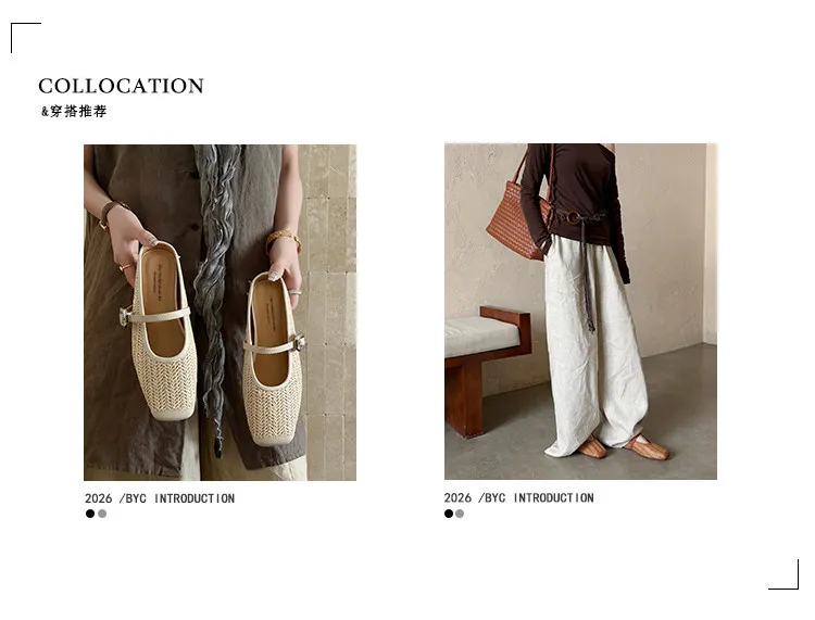 Summer slippers, square toe, closed toe, woven fashion women's shoes, off-white/brown, 3-19d