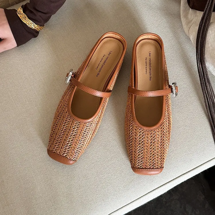 Summer slippers, square toe, closed toe, woven fashion women's shoes, off-white/brown, 3-19d