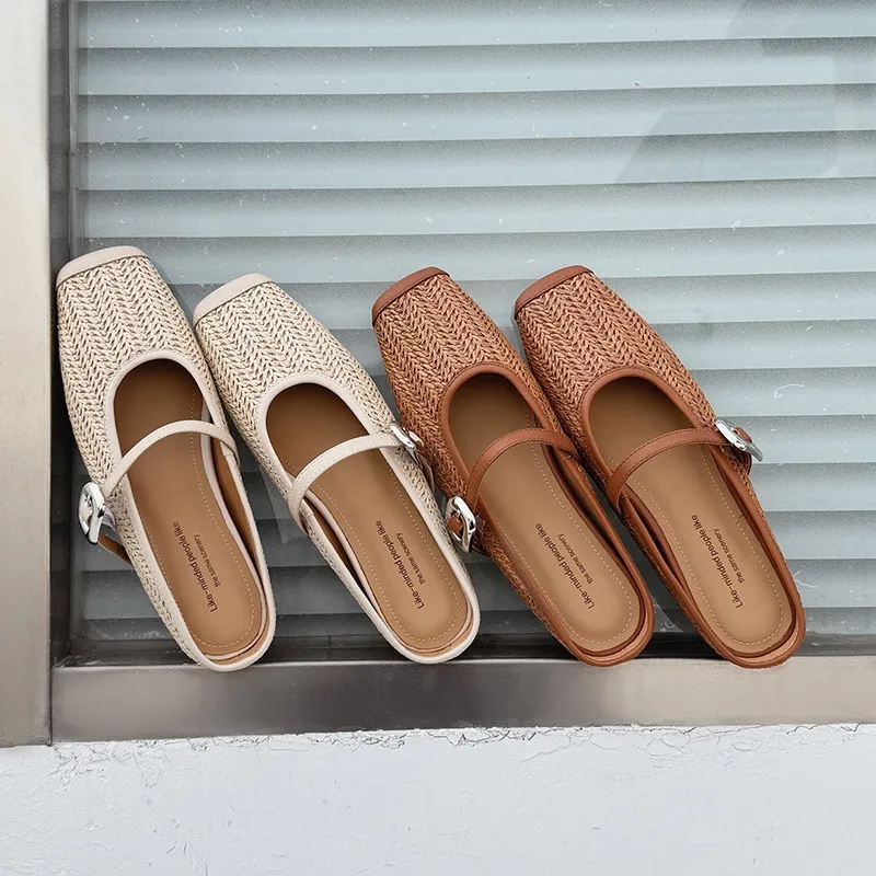 Summer slippers, square toe, closed toe, woven fashion women's shoes, off-white/brown, 3-19d