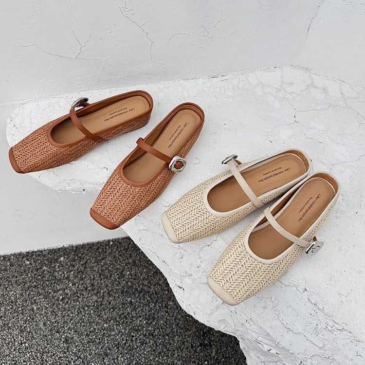 Summer slippers, square toe, closed toe, woven fashion women's shoes, off-white/brown, 3-19d