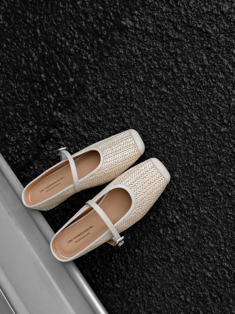 Summer slippers, square toe, closed toe, woven fashion women's shoes, off-white/brown, 3-19d