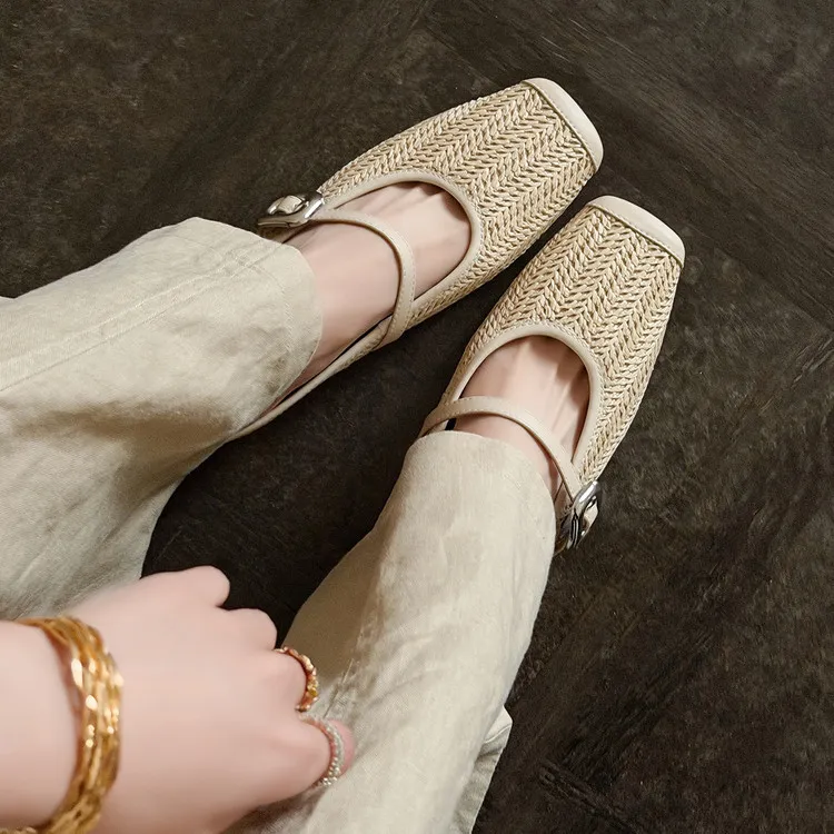 Summer slippers, square toe, closed toe, woven fashion women's shoes, off-white/brown, 3-19d