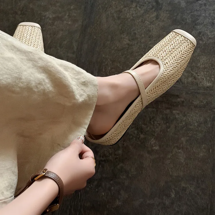 Summer slippers, square toe, closed toe, woven fashion women's shoes, off-white/brown, 3-19d