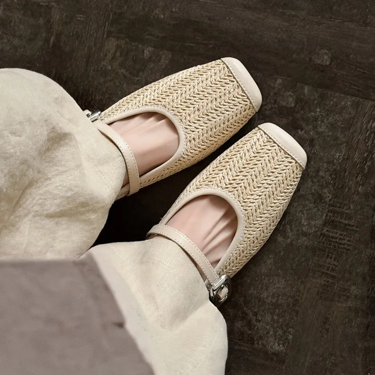 Summer slippers, square toe, closed toe, woven fashion women's shoes, off-white/brown, 3-19d