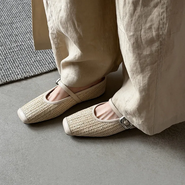 Summer slippers, square toe, closed toe, woven fashion women's shoes, off-white/brown, 3-19d