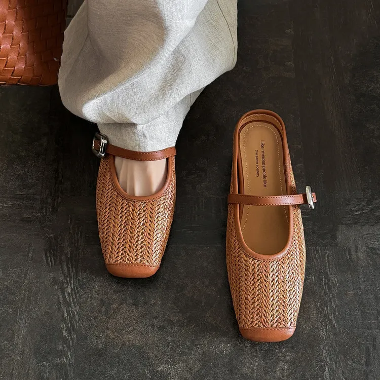 Summer slippers, square toe, closed toe, woven fashion women's shoes, off-white/brown, 3-19d